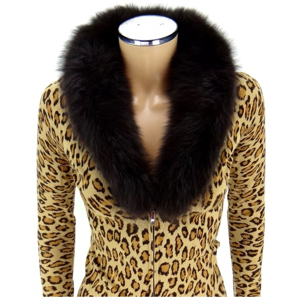 CACHE Zipper Sweater SMALL Leopard Animal Print Fox Fur Collar Knit Cardigan Top - Picture 1 of 12